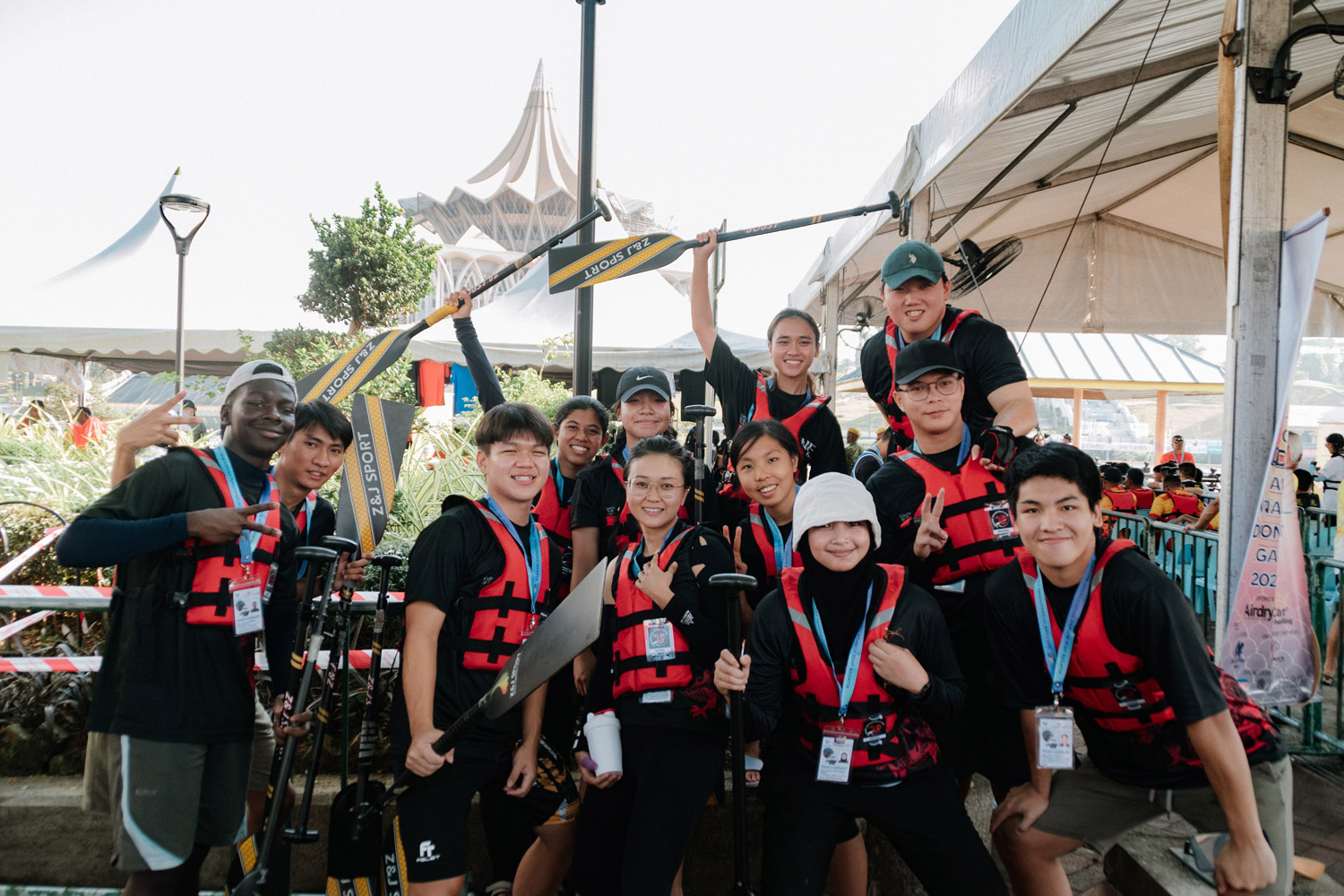 The Swinburne Dragons’ International Premier Mixed 12 crew before lining up for semi-finals.